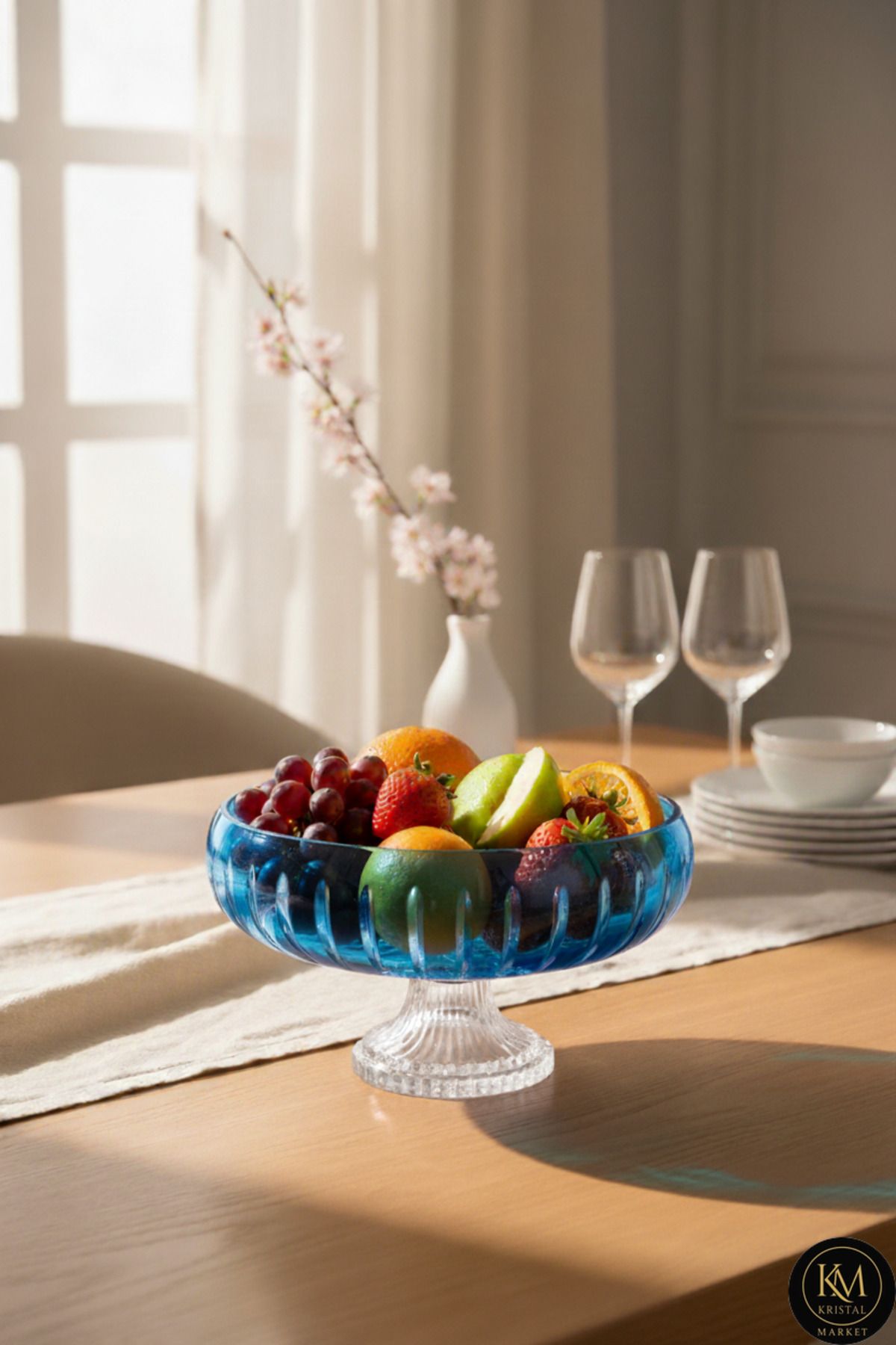 El Yapımı Kristal Vertical Desen 28 Cm Dekoratif Sunumluk Ayaklı Sofra Sunum Kasesi