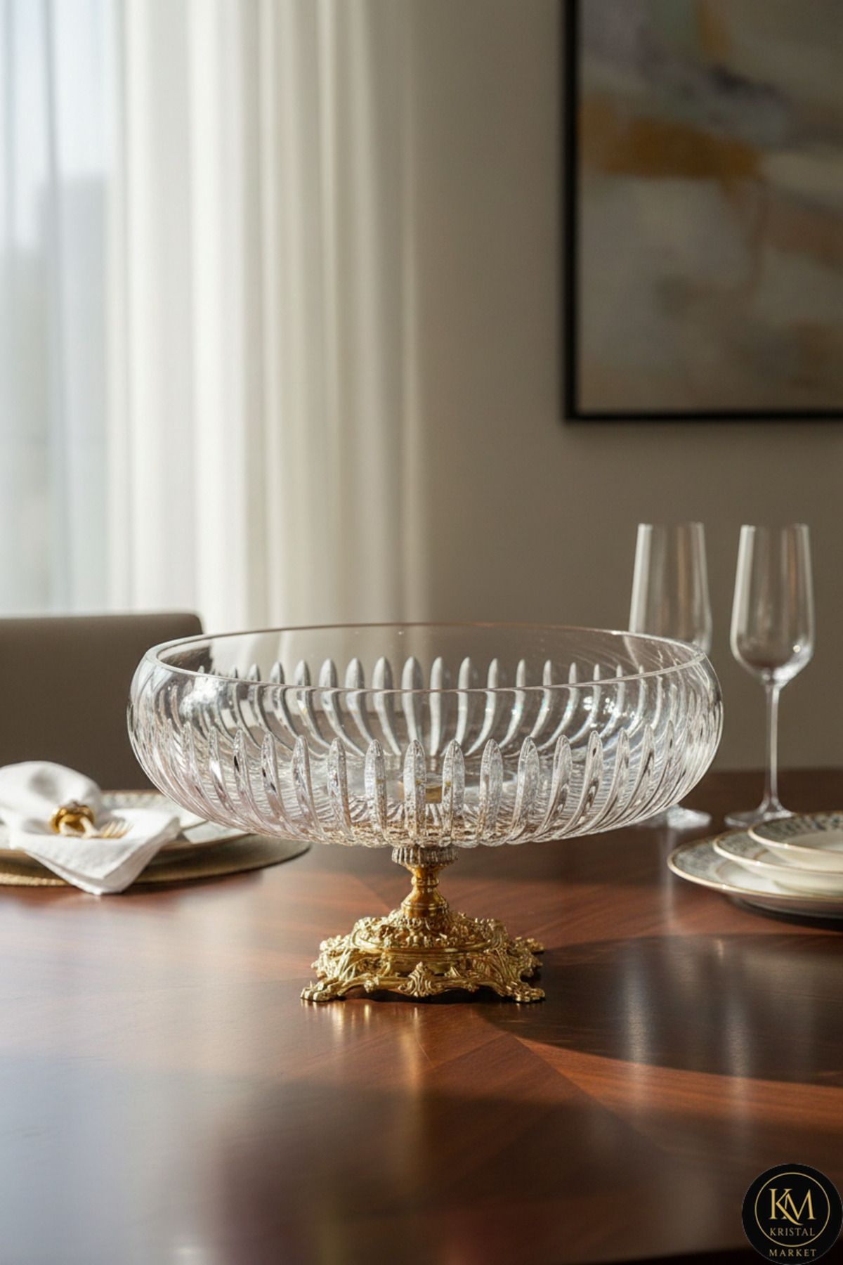 28cm Kesme Kristal Dekor Gold Ayak Cam Kase Vertical Desen