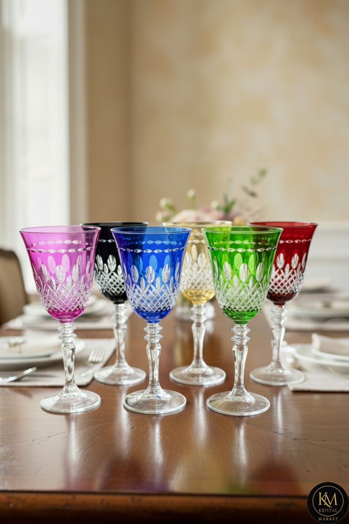 El Yapımı Kristal Damla Renkli Lüks Ayaklı Kadeh Takım 6 Parça Ürün ana görseli