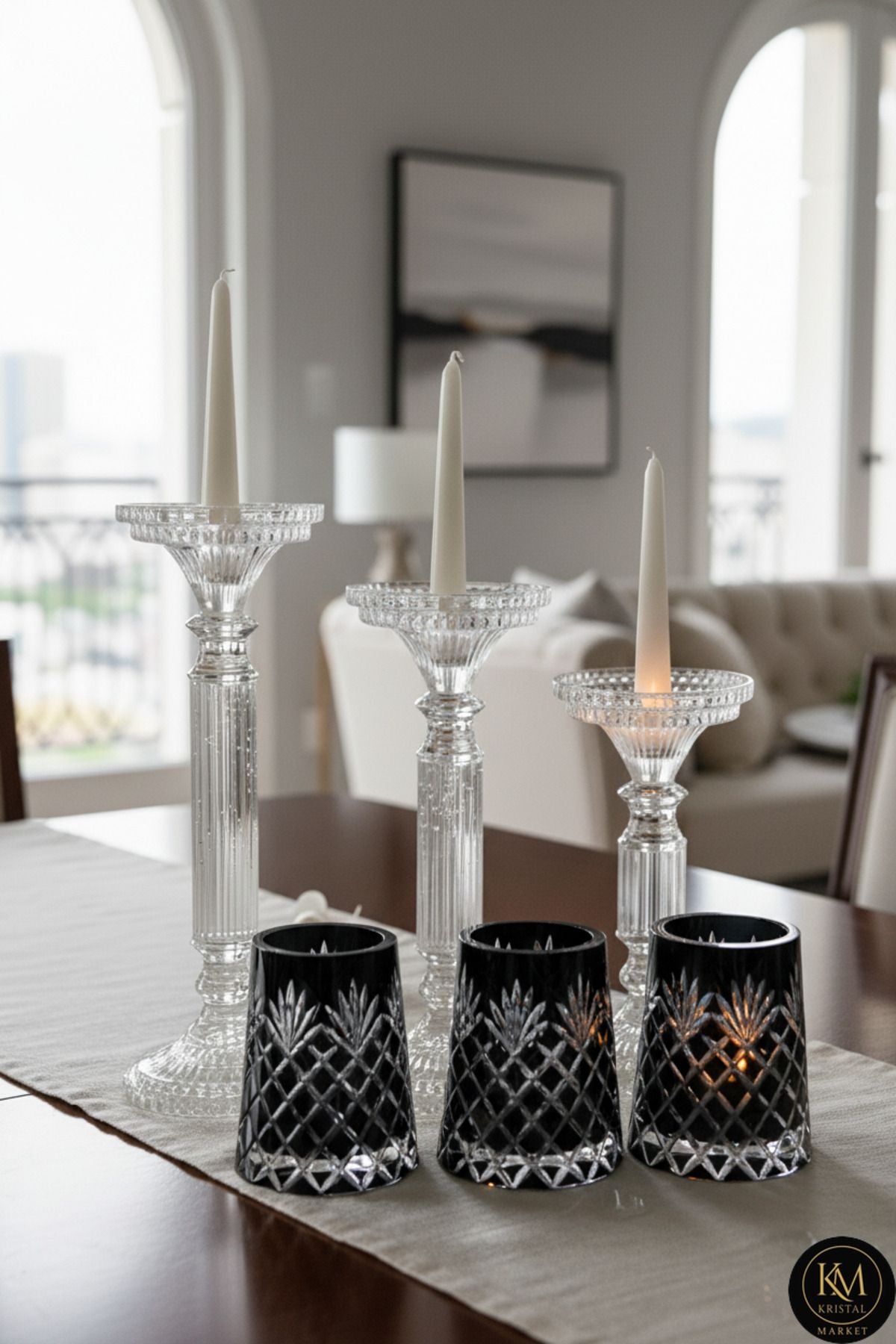 El Yapımı Kristal Desenli Siyah Lüks Mumluk Şamdan Set 3'lü