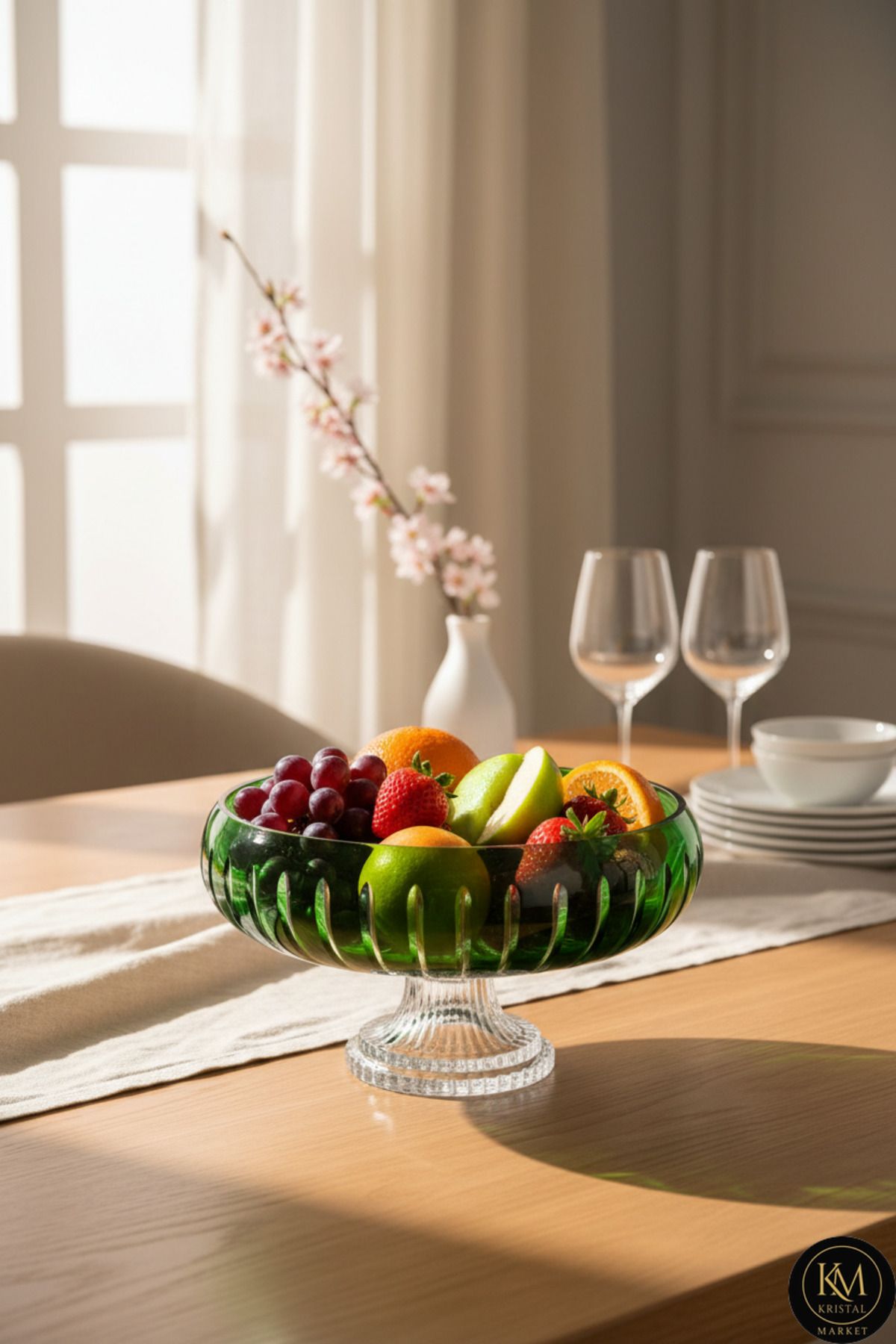 El Yapımı Kesme Kristal Vertical Desen 28 Cm Dekoratif Sunumluk Ayaklı Sofra Sunum Kasesi Ürün ana görseli