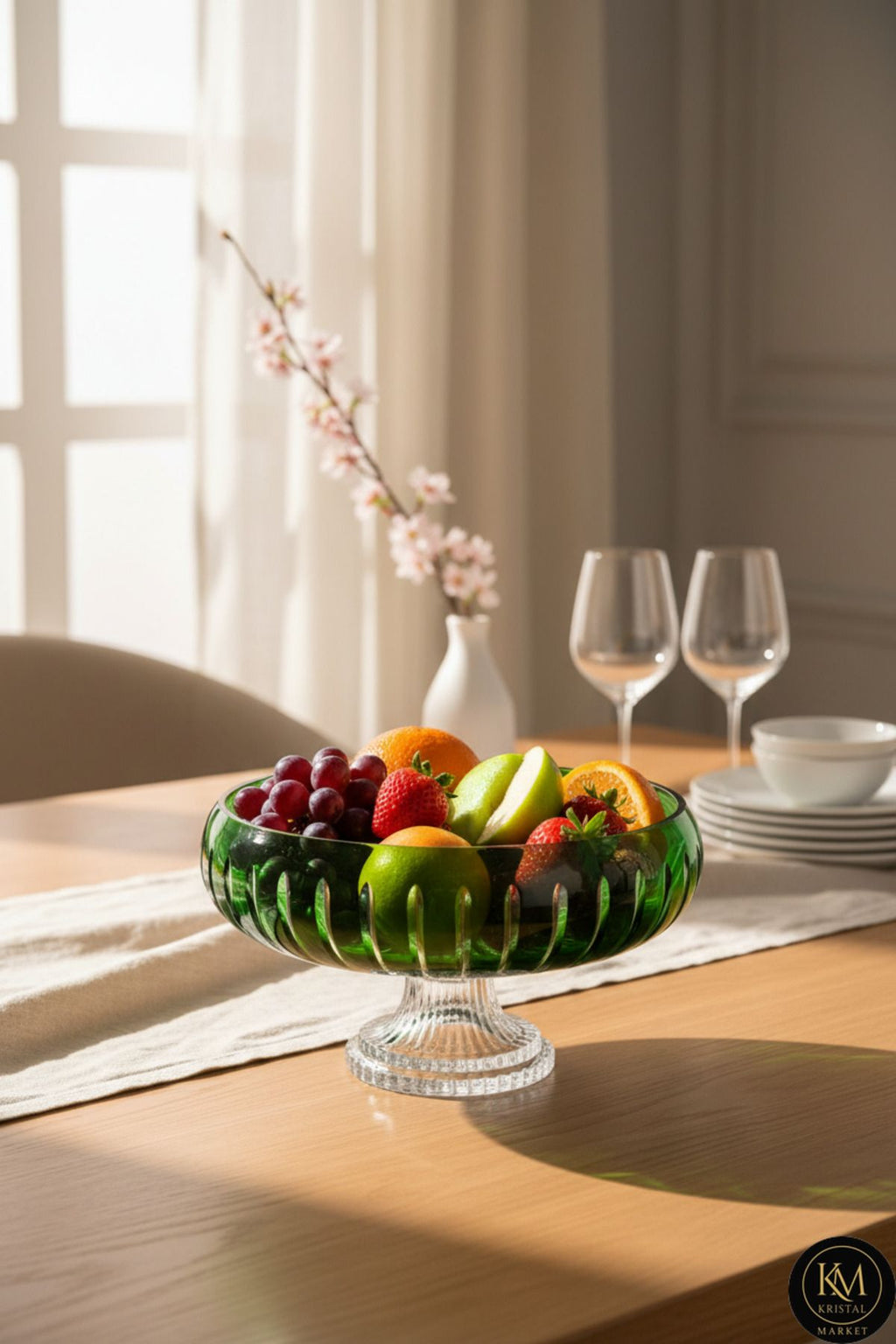 El Yapımı Kesme Kristal Vertical Desen 28 Cm Dekoratif Sunumluk Ayaklı Sofra Sunum Kasesi