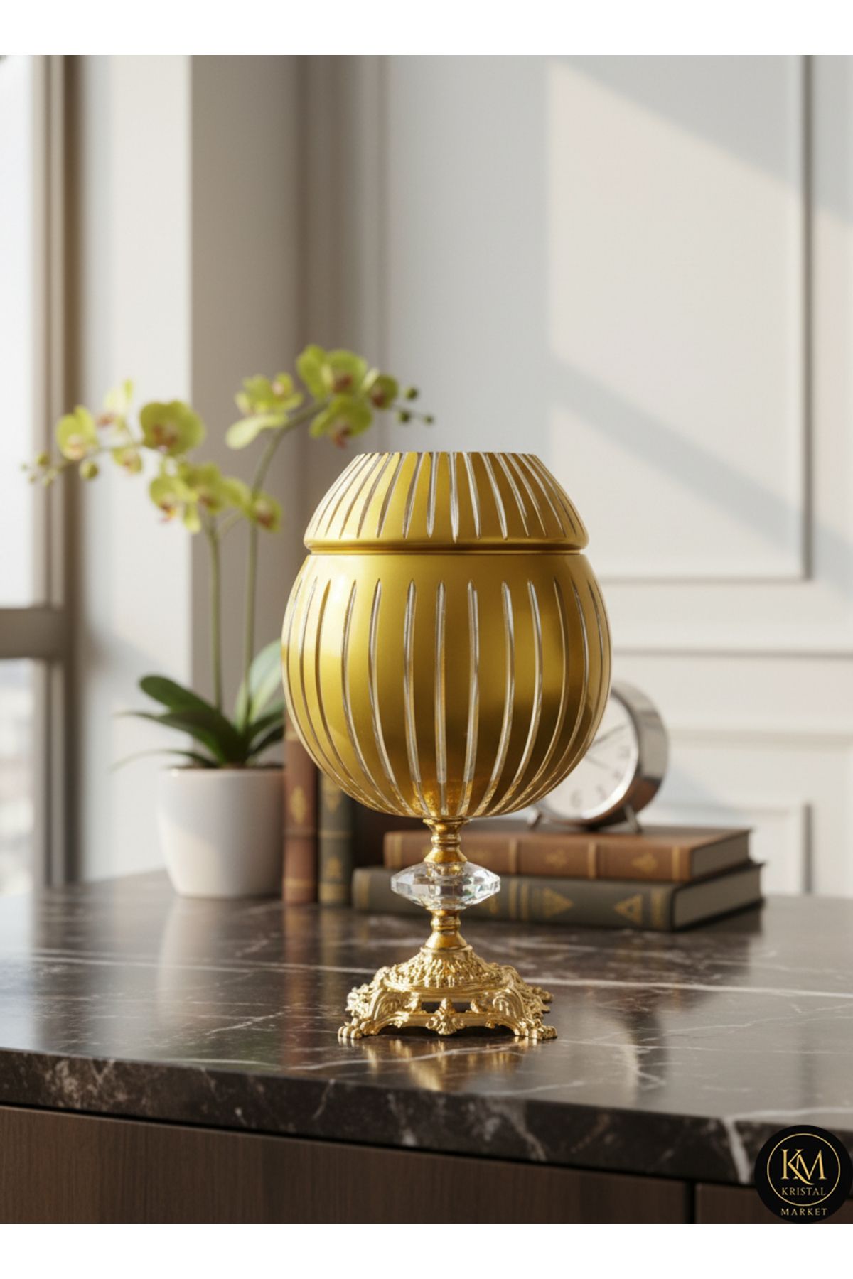 El Yapımı Kesme Kristal Pearl Küre Desen Ayaklı Dekoratif Sunumluk Kapaklı Peçetelik Mumluk Ürün ana görseli