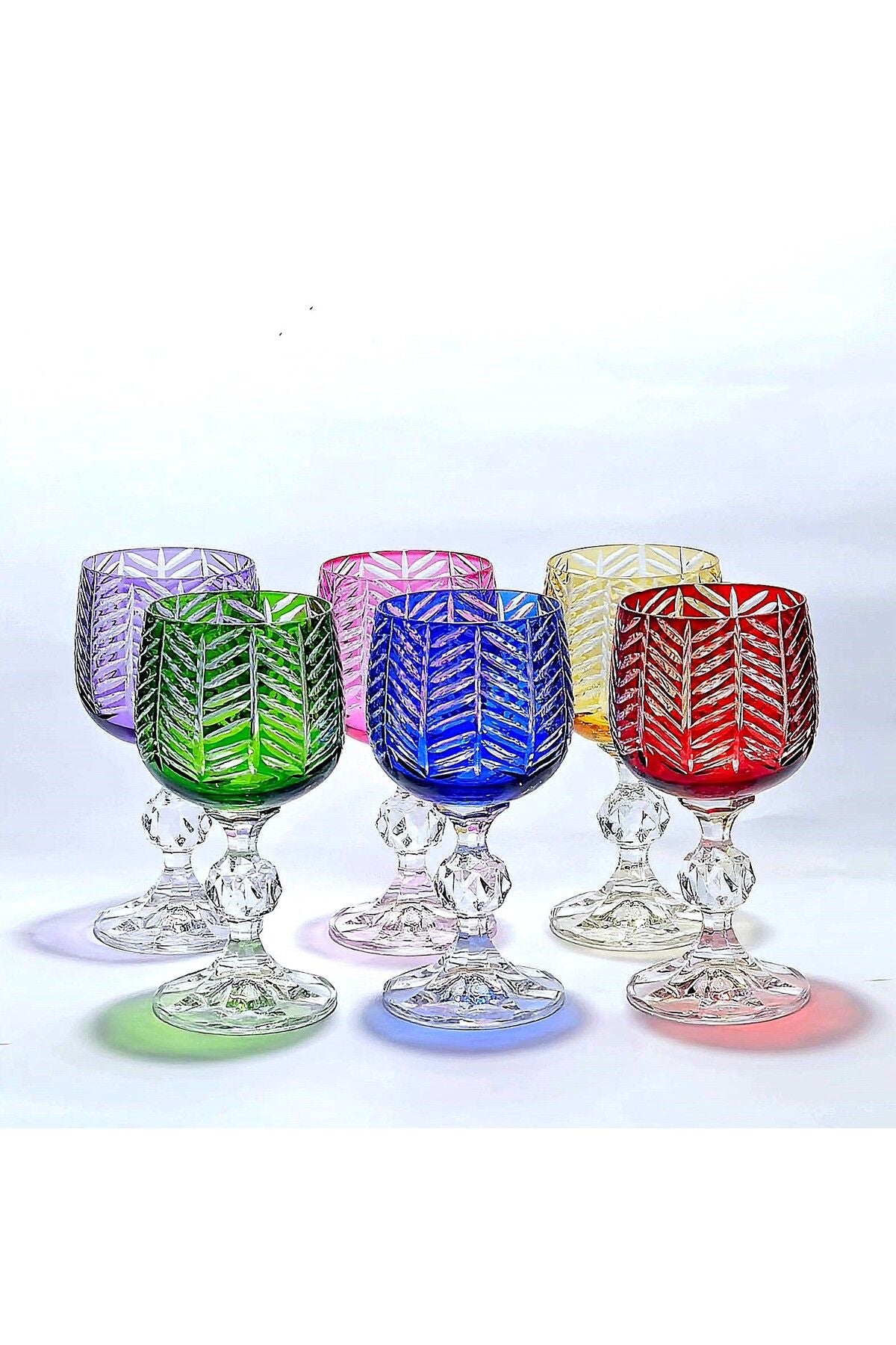 El Yapımı Kristal Bohemia Herringbone Desenli Renk Ayaklı Lüks Kahve Yanı Su Bardağı Set 6'lı Ürün ikincil görseli