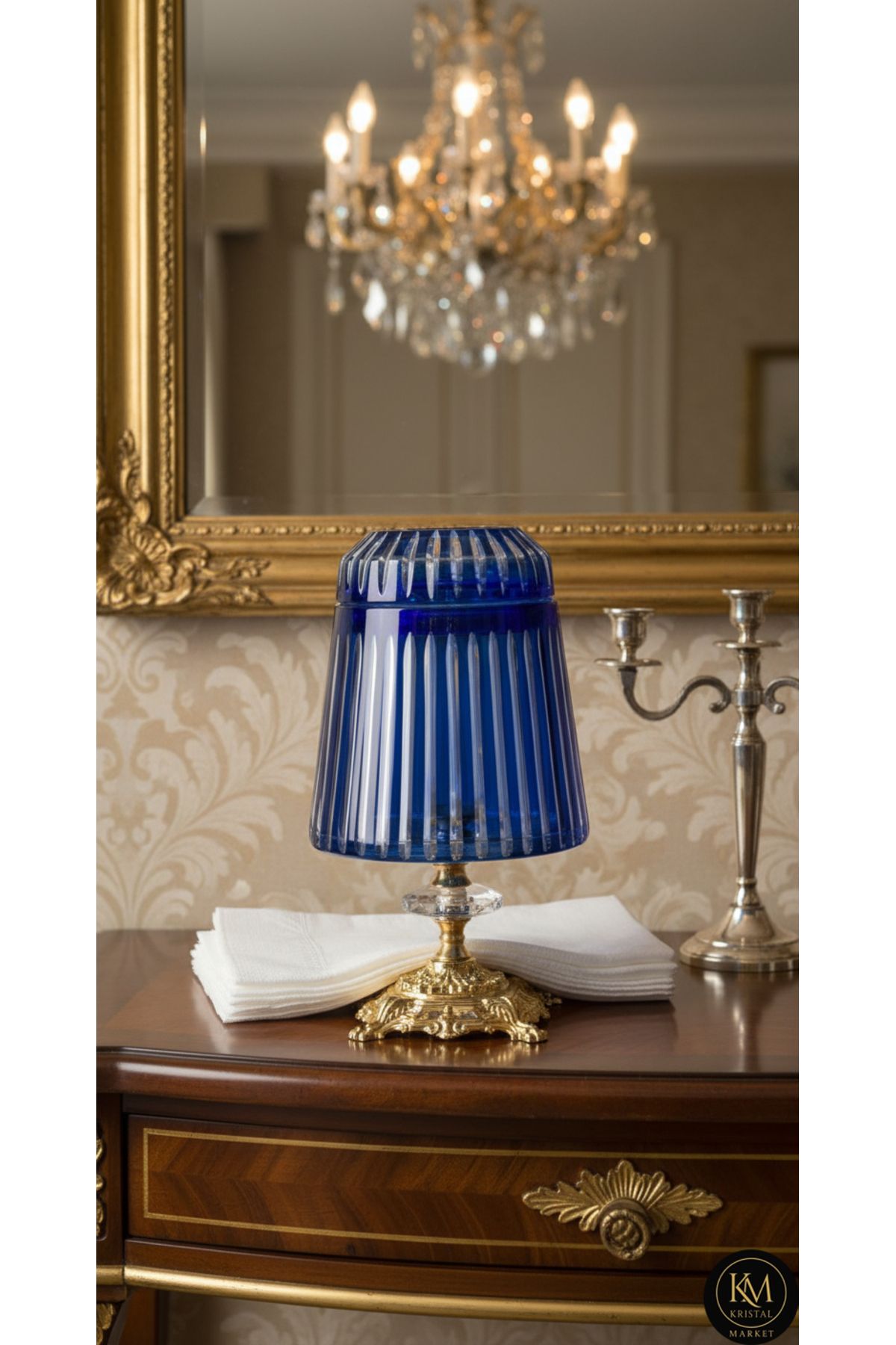 El Yapımı Kesme Kristal Merkür Vertical Desen Dekoratif Sunumluk Kapaklı Peçetelik Mumluk Mavi Ürün ana görseli