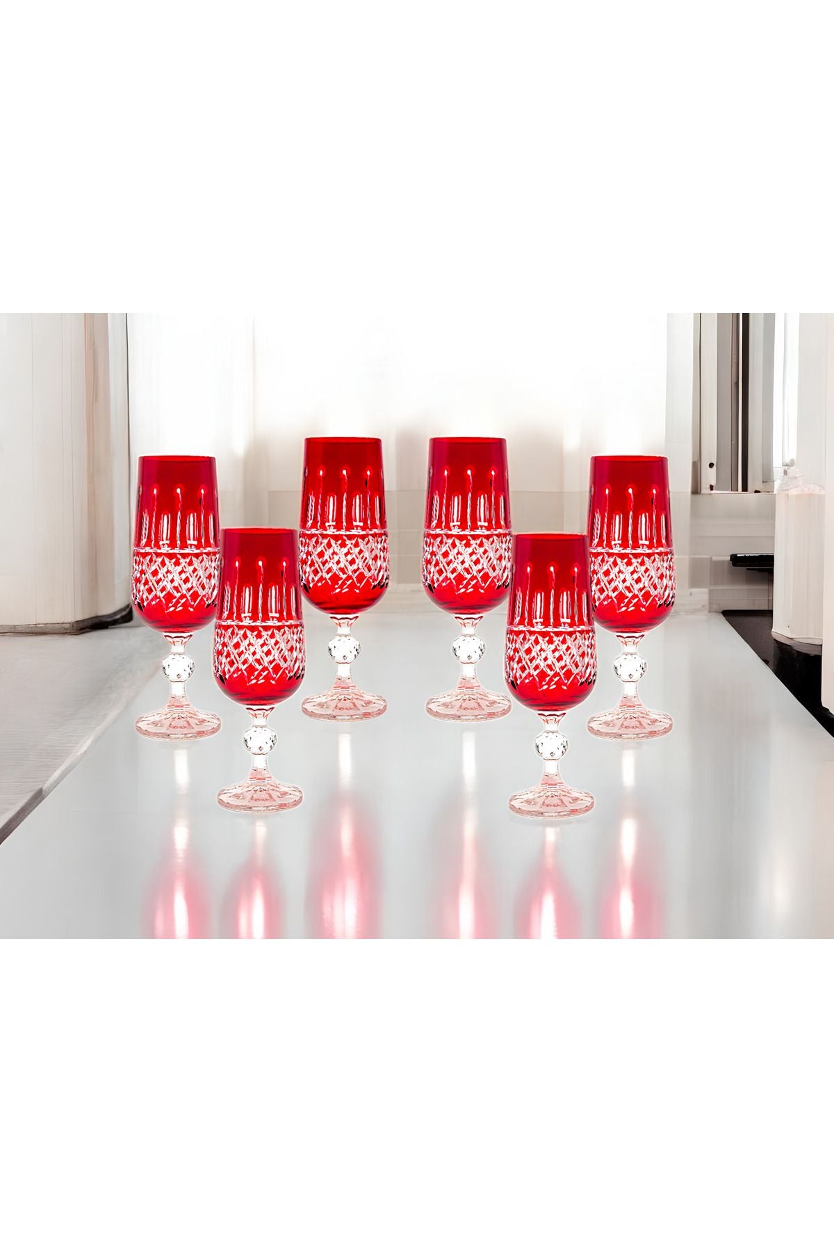 KESME KRİSTAL EL İŞÇİLİĞİ KAHVE YANI Flüt SU BARDAĞI 6'lı Set