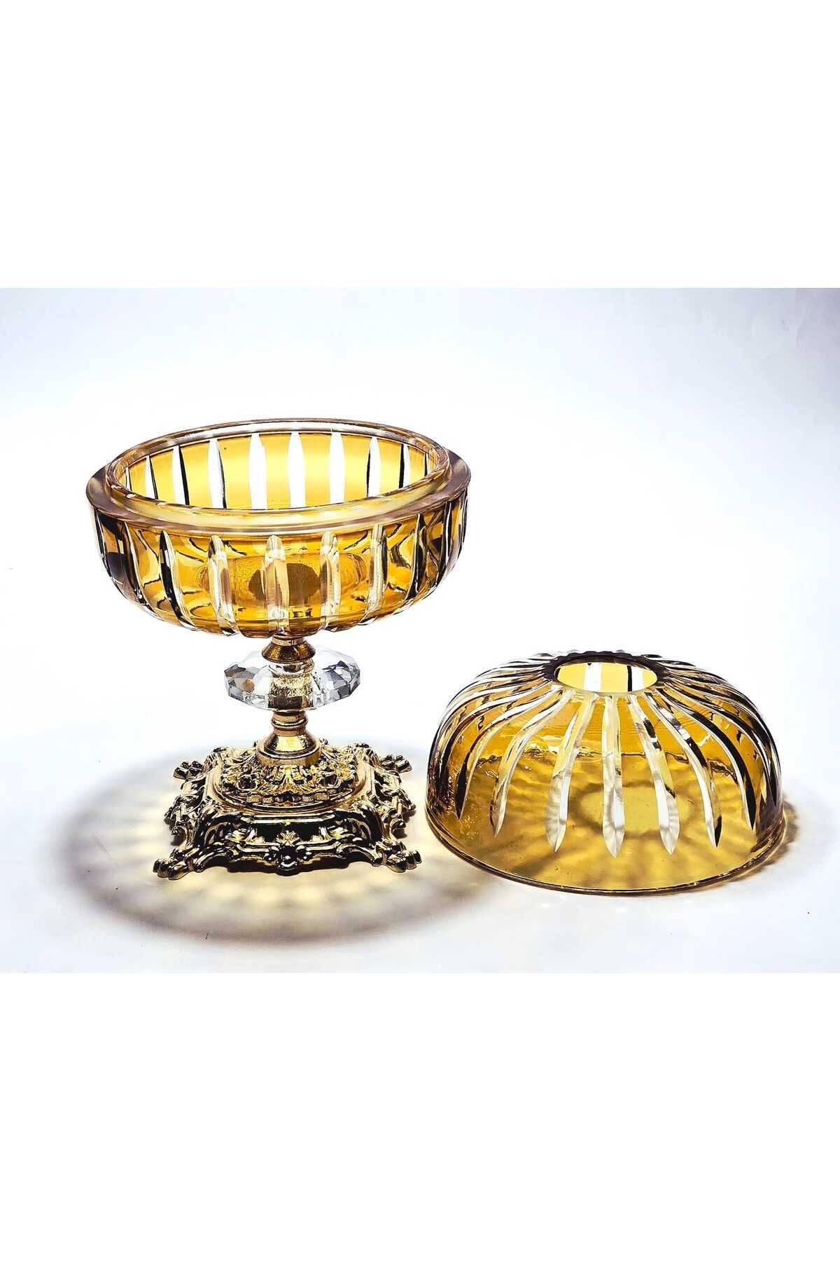 El Yapımı Kesme Kristal Gold Ayaklı Dekoratif Sunumluk Kapalı Peçetelik Mumluk Ürün ikincil görseli