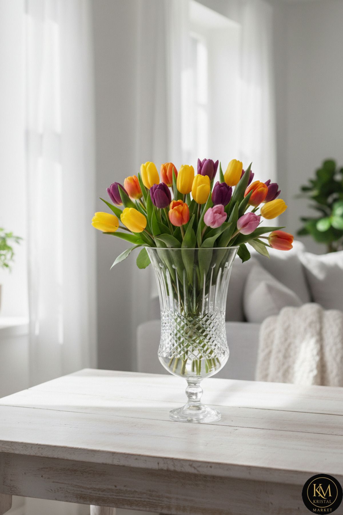 El Yapımı Kristal Desenli Şeffaf Büyük Boy Beykoz Desen Dekoratif Vazo Ürün ana görseli