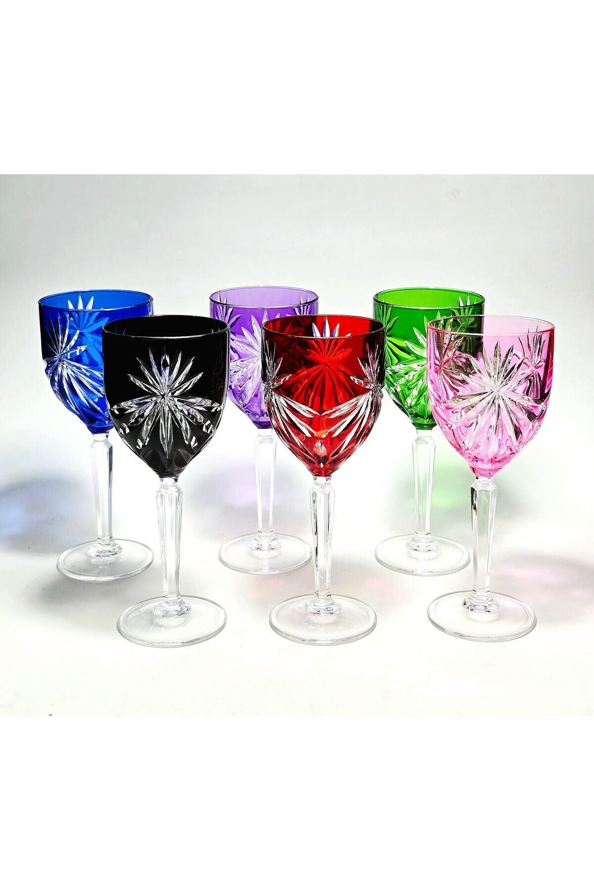 El Yapımı Kristal Cristalleria Italiana Desenli Rengarenk Su Bardağı Set 6'lı