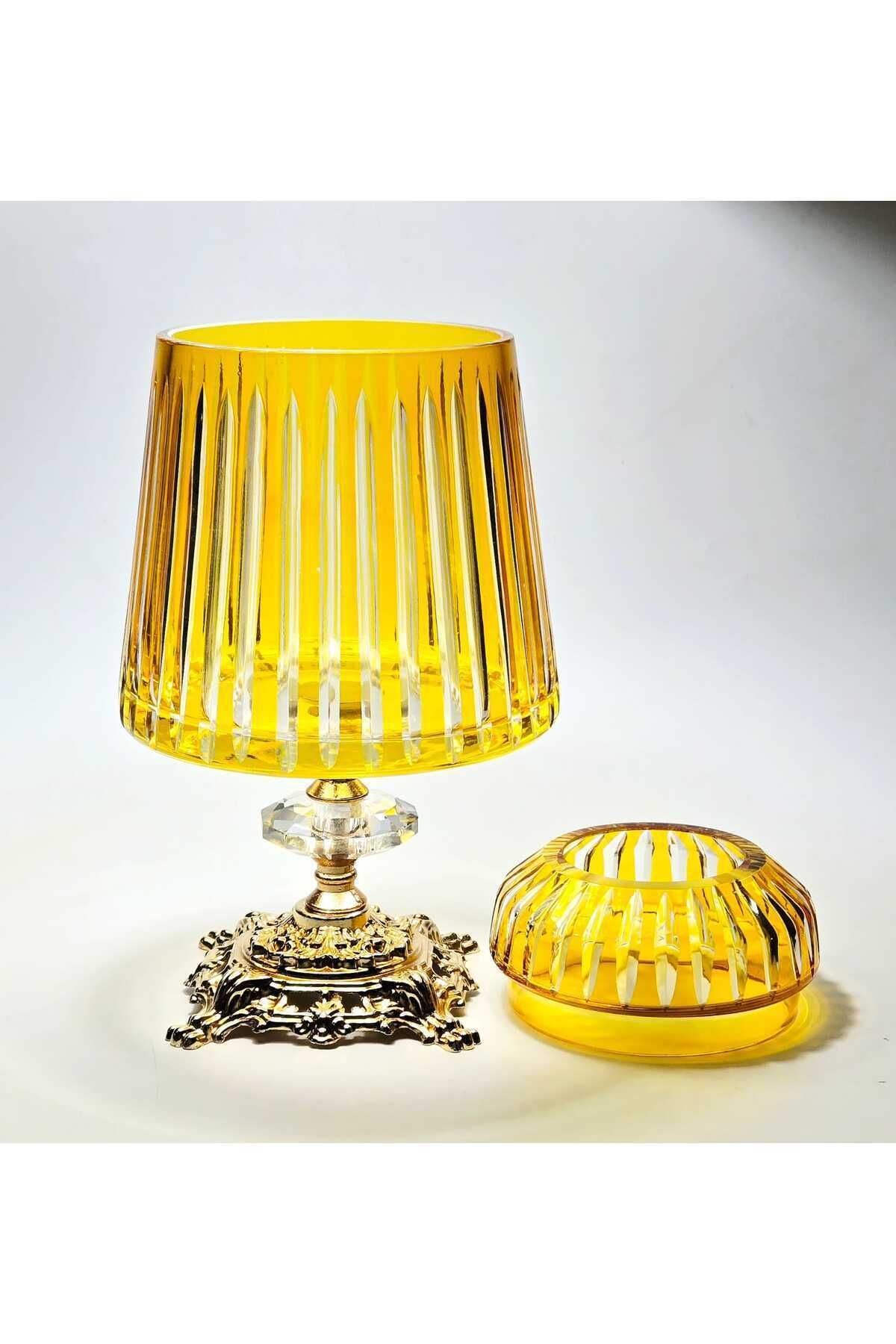 El Yapımı Kesme Kristal Merkür Vertical Desen Dekoratif Sunumluk Kapaklı Peçetelik Mumluk Sarı Ürün ikincil görseli