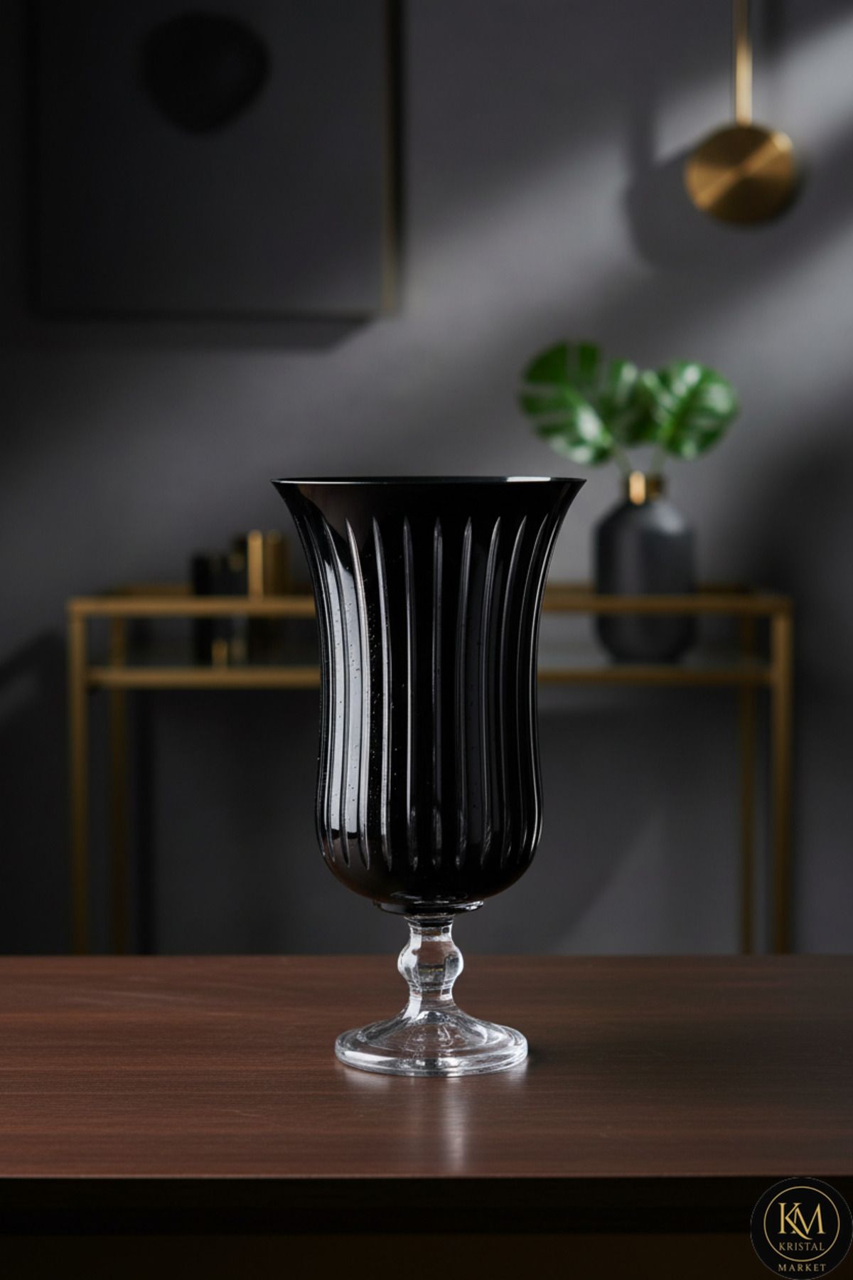 El Yapımı Kristal Vertical Desenli Siyah Dekoratif Vazo Ürün ana görseli