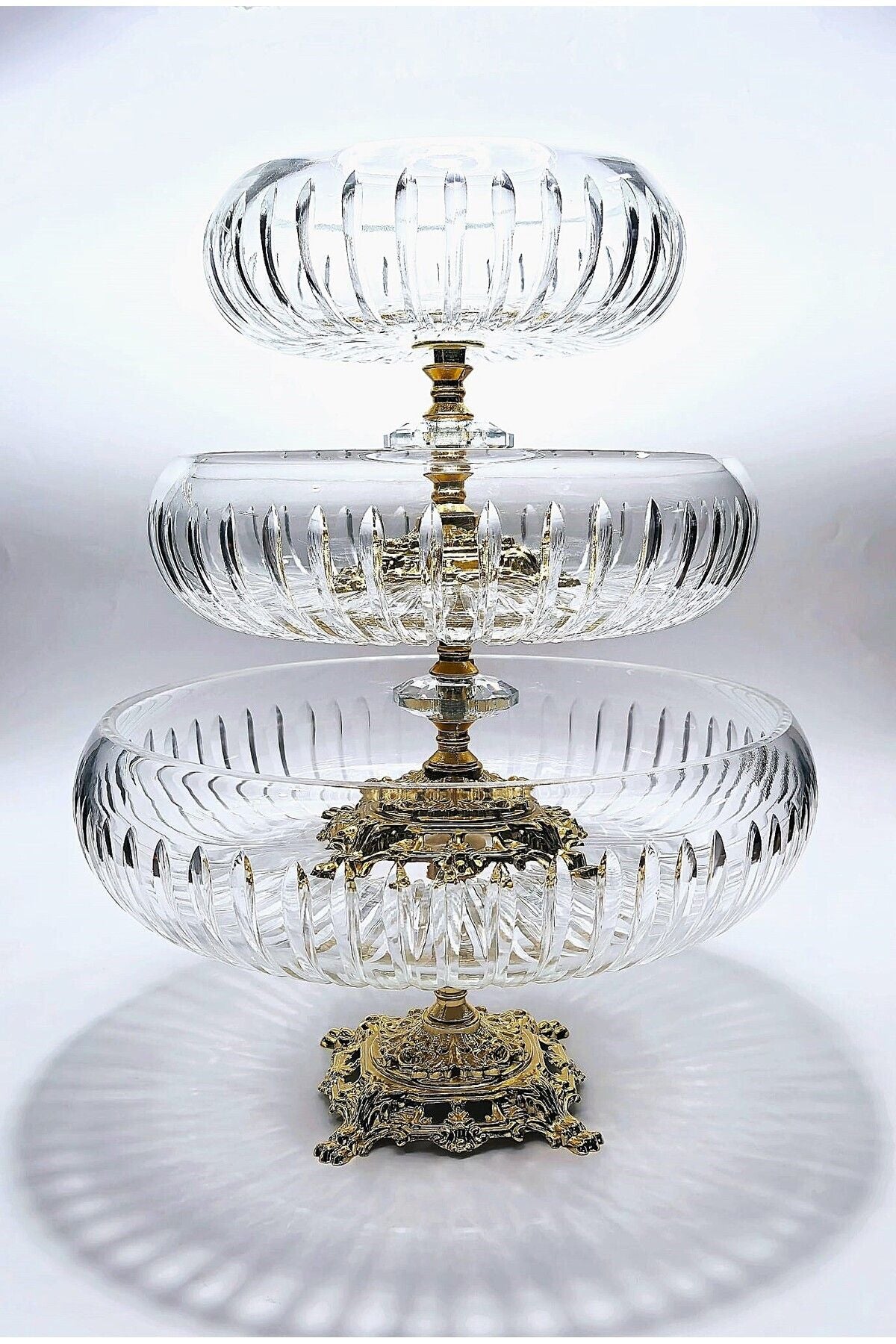 El Yapımı Kristal Vertical Desenli 28-22-16 Cm Dekoratif Sunumluk Ayaklı Kase Set 3'lü