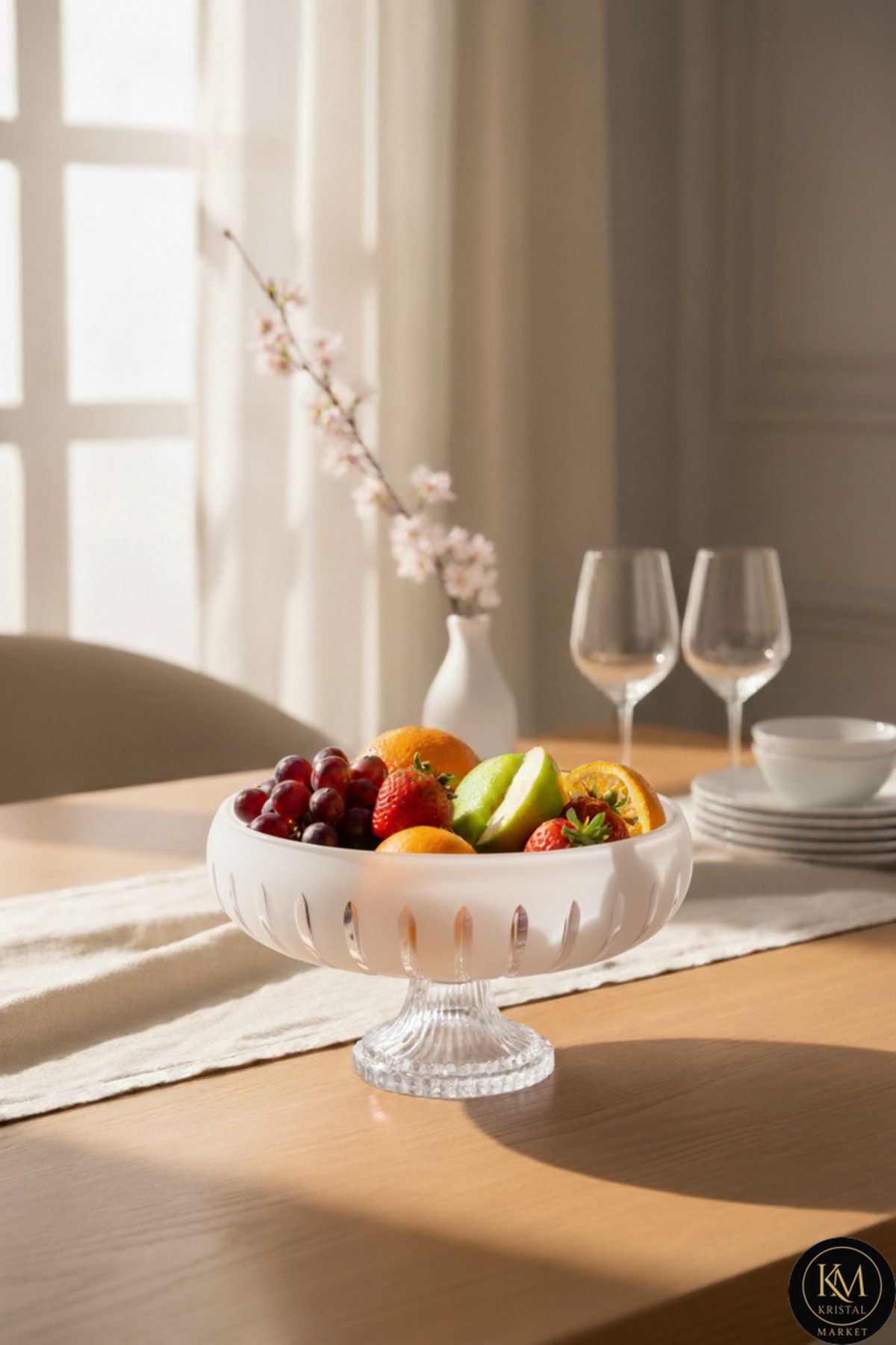 El Yapımı Kesme Kristal Vertical Desen 28 Cm Dekoratif Sunumluk Ayaklı Sofra Sunum Kasesi Ürün ana görseli