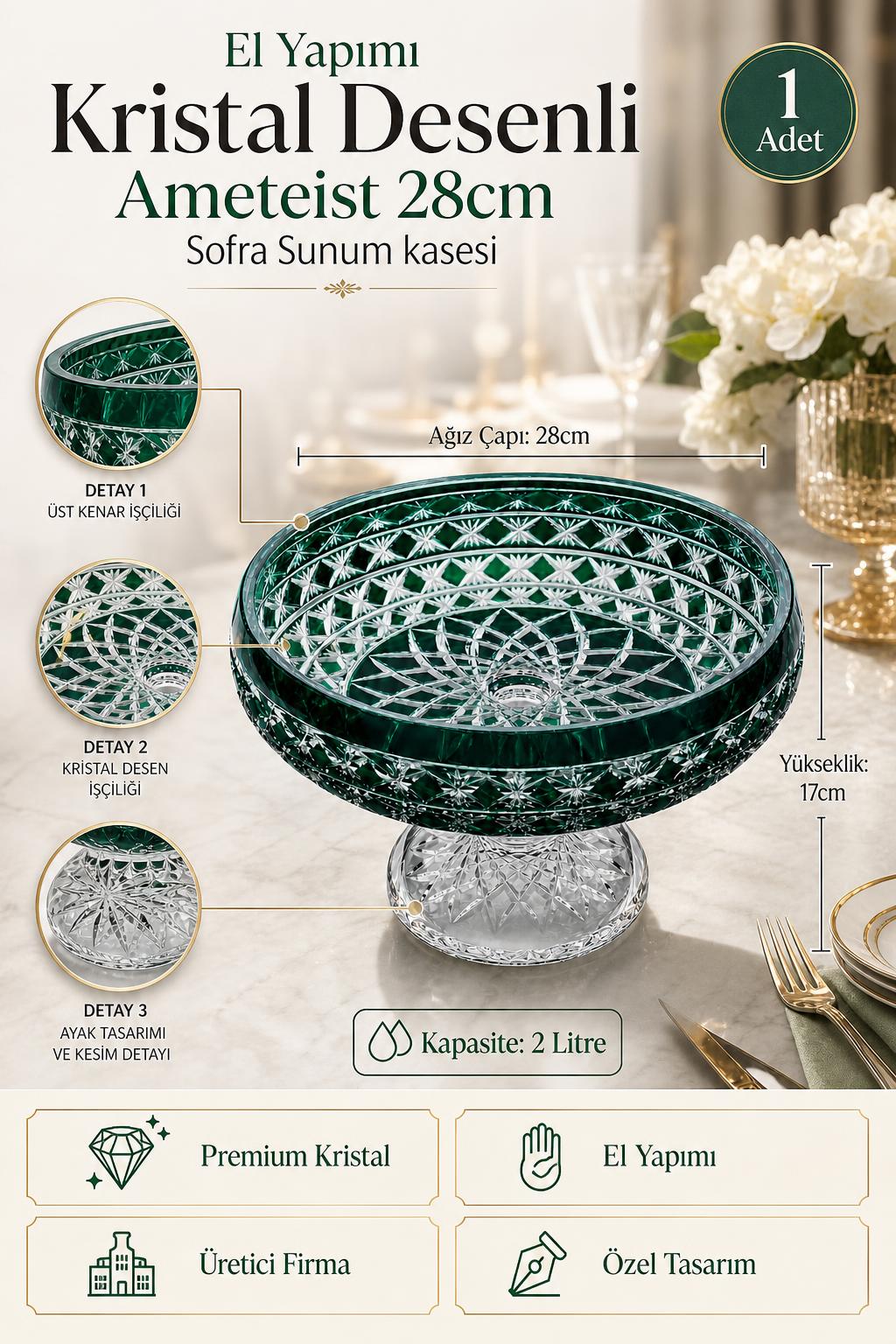 Kristal Sunum Kasesi 28 cm - Ametist Desenli Dekoratif Sofra Kasesi, 1 Adet