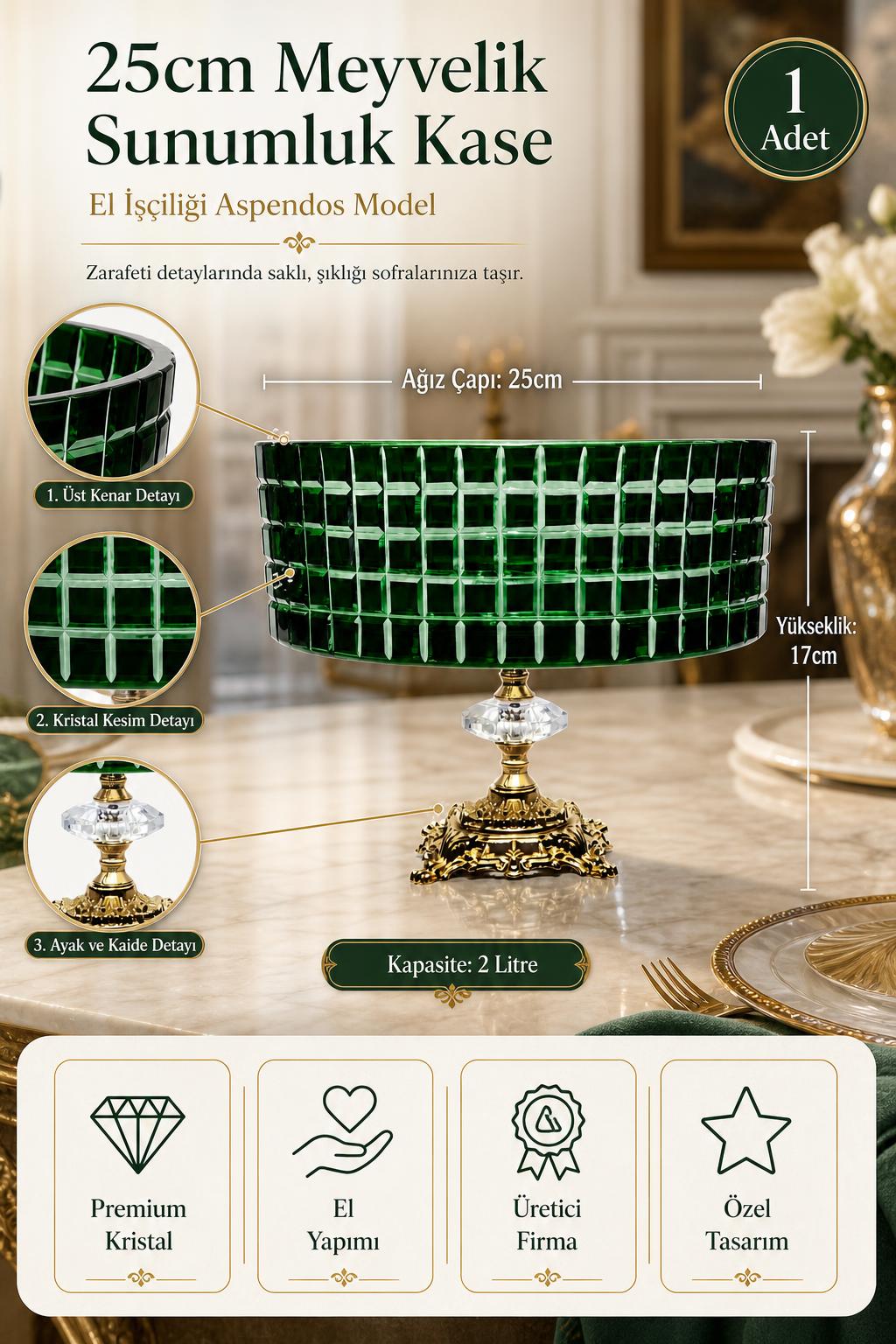 Kristal Meyvelik 25 cm - Aspendos Model Sunumluk Kase, 1 Adet