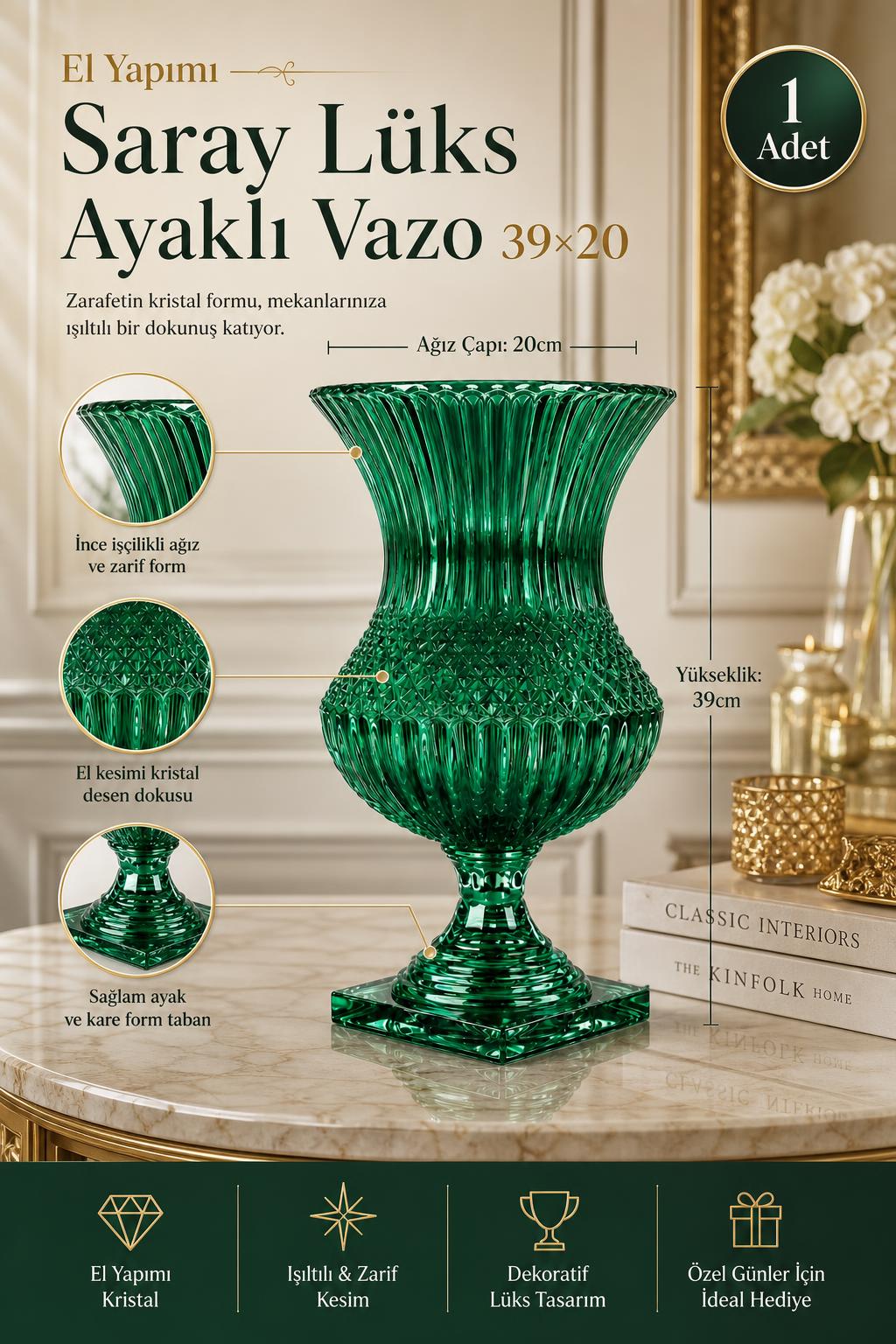 Saray Model Lüks Ayaklı Kristal Vazo 39x20 cm - Dekoratif Salon Vazosu, 1 Adet